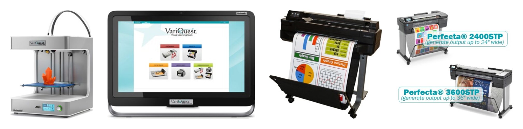 Four VariQuest products: a 3-D printer, a touchscreen design station, a wide-format poster printer and the Perfecta 2400STP and 3600STP