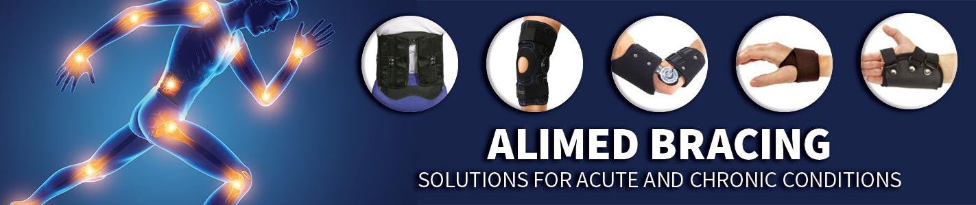 An AliMed bracing banner showing a back brace, knee brace, elbow brace and two wrist supports