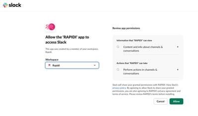 Slack's OAuth permission screen showing the two scopes being granted