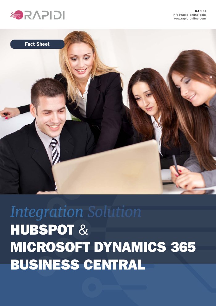 Cover of the Rapidi fact sheet on HubSpot and Microsoft Dynamics 365 Business Central