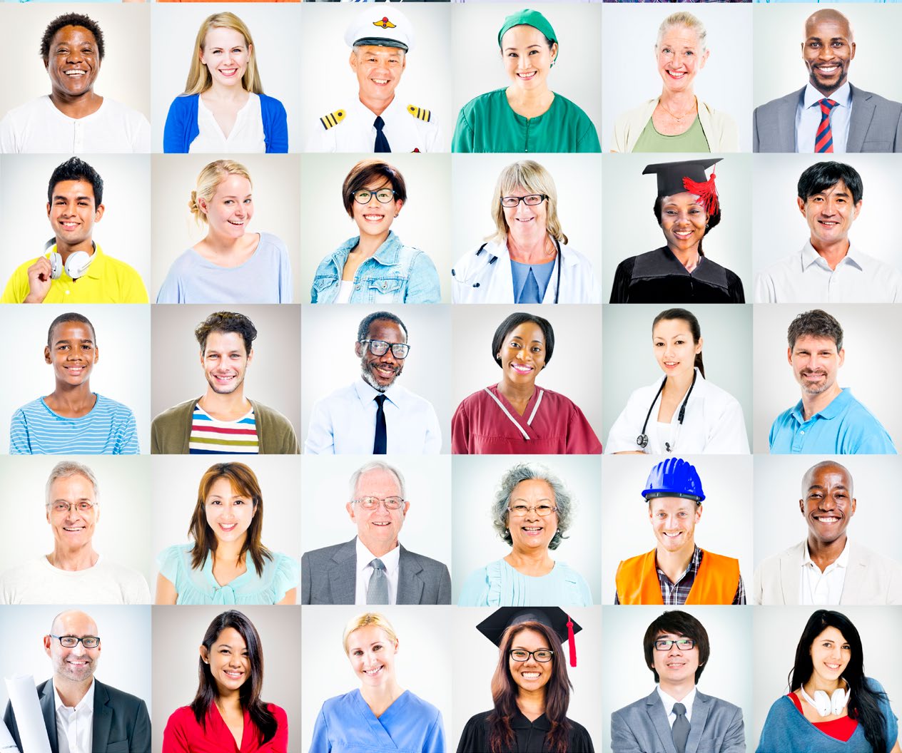 A grid of portraits of workers from many different trades and professions