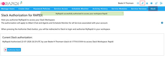Confirmation banner in MyRapidi showing the Slack connection succeeded