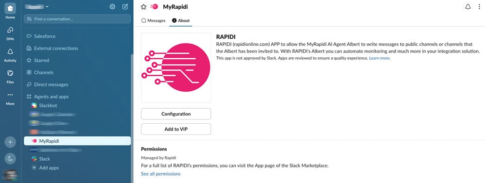 About tab in the MyRapidi app inside Slack