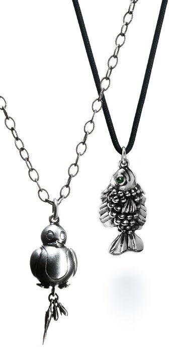 Two Ole Lynggaard silver pendants, a bird and a fish, on chains