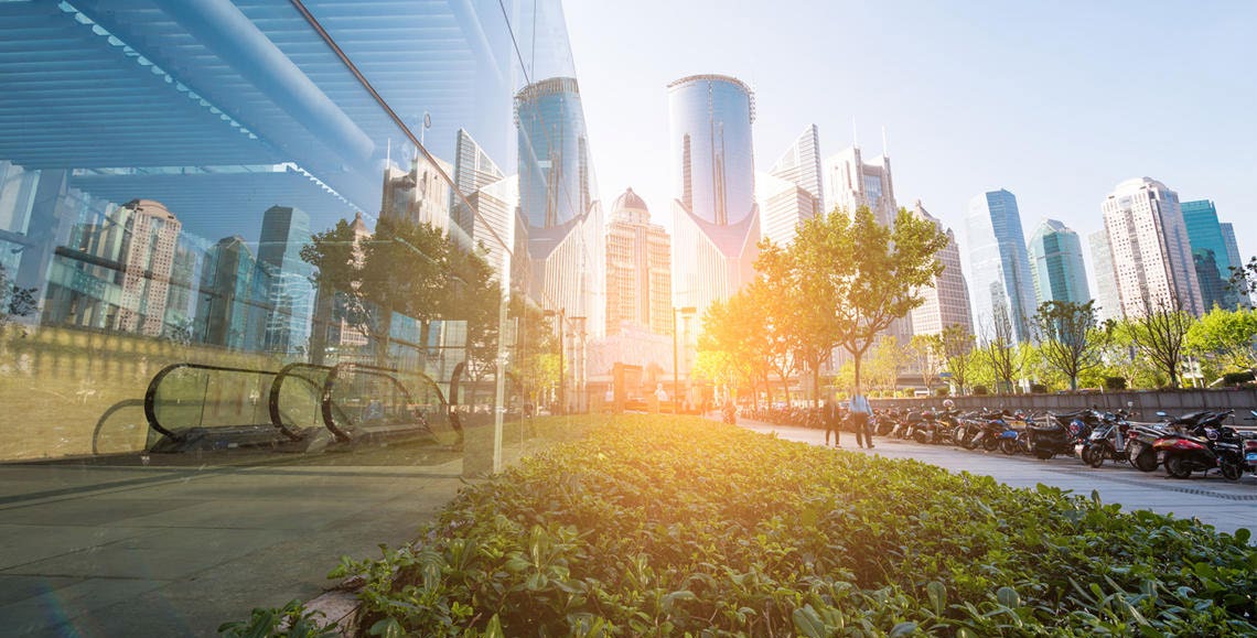 A city skyline at sunrise seen past green planting and trees in the foreground