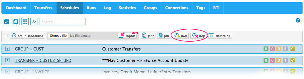 Start or stop all or selected schedules