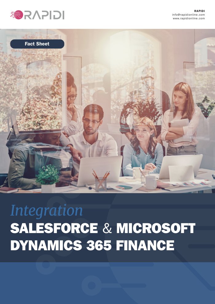 Cover of the Rapidi fact sheet on Salesforce and Microsoft Dynamics 365 Finance