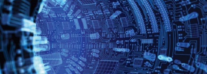 A close-up of a circuit board rendered in blue