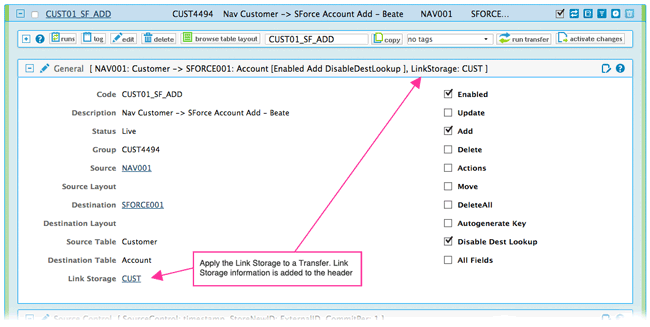 apply the link storage on a transfer