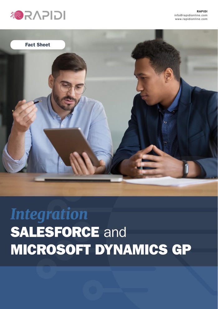 Cover of the Rapidi fact sheet on Salesforce and Microsoft Dynamics GP