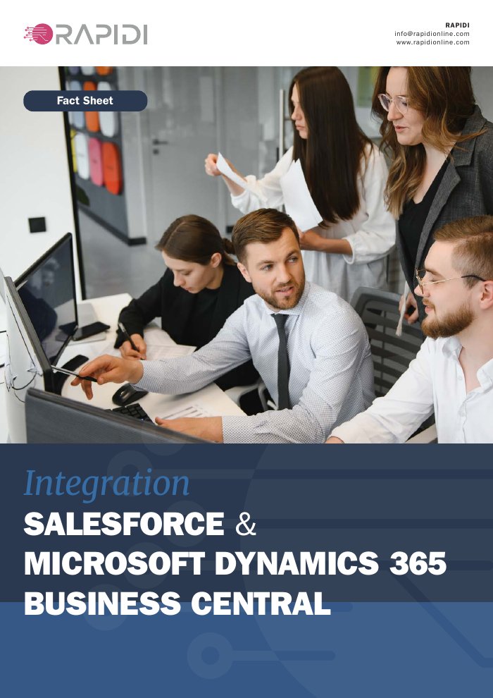 Cover of the Rapidi fact sheet on Salesforce and Microsoft Dynamics 365 Business Central